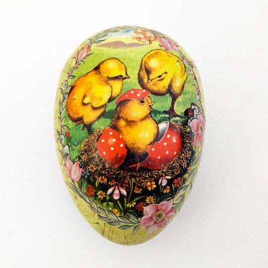 4-1/2" Vintage Style Chicks and Nest Papier Mache Easter Egg Container ~ Germany